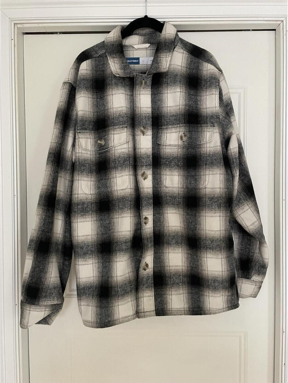 Old Navy Flannel Overshirt Grey White Black Check Men Large